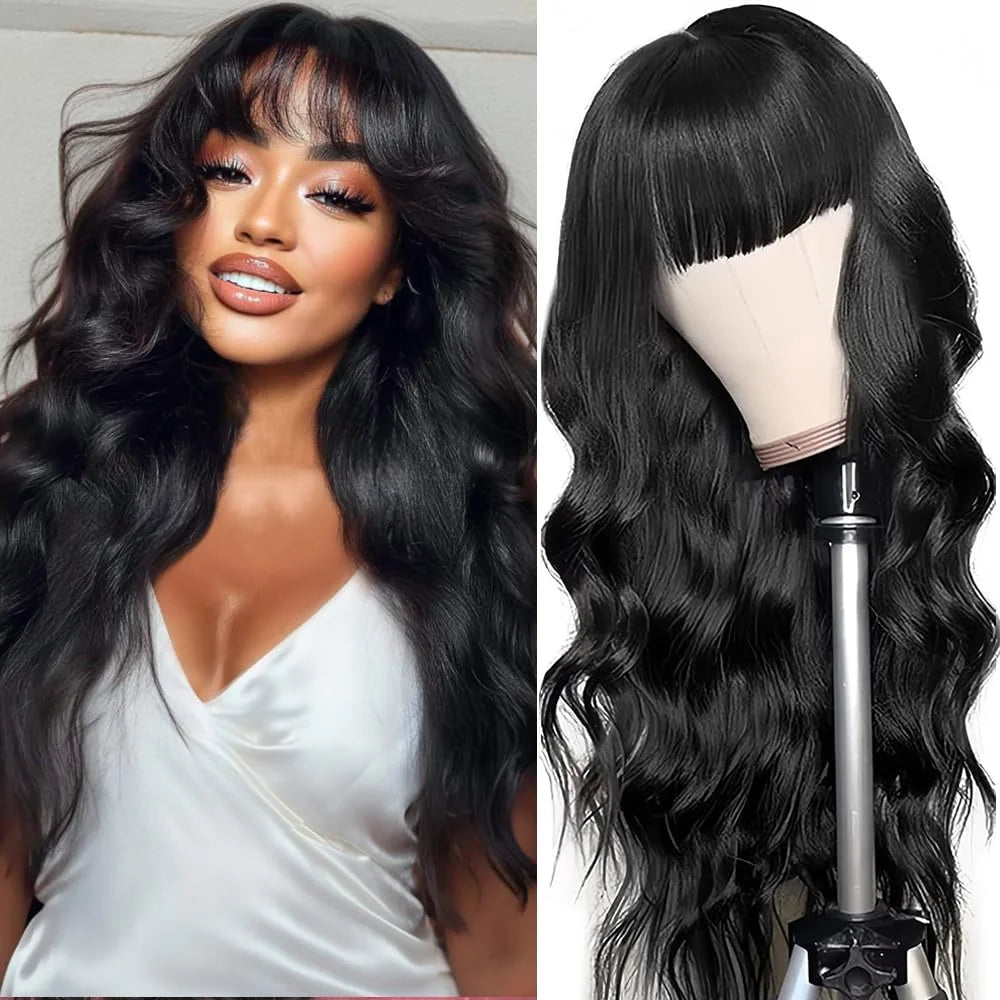 3X1 Glueless Wigs Human Hair with Bangs Body Wave Human Hair Wig with Bangs 3X1 Bleached Knots Lace Front Wig for Black Women
