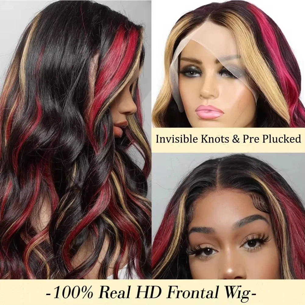 Black Red Blonde Highlights High Gloss Human Hair Wigs Body Wave Lace Front Wig 5x5 HD Lace Glueless Wig 180% Density 34 inch