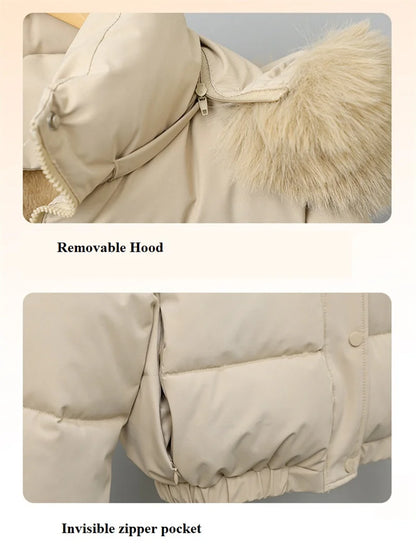 Winter Short Parkas Women's Cotton-padded Clothes Add Velvet Thicken Outerwear Fur Collar Removable Hooded Coats Warm Jackets