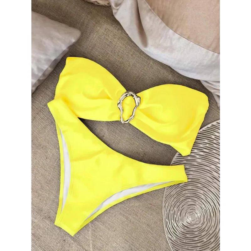 Women Strapless Bikinis Sets Summer Push Up Swimwear Two Pieces Suits Female Sexy Swimsuits Solid Color Lady Backless Beachwear