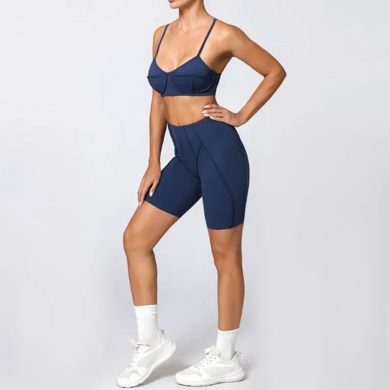 Yoga Fitness Sports Sets High Waist Hip-lifting Shorts Open Back Bra Suit Casual Running Workout Gym Leggings Sexy Set for Women