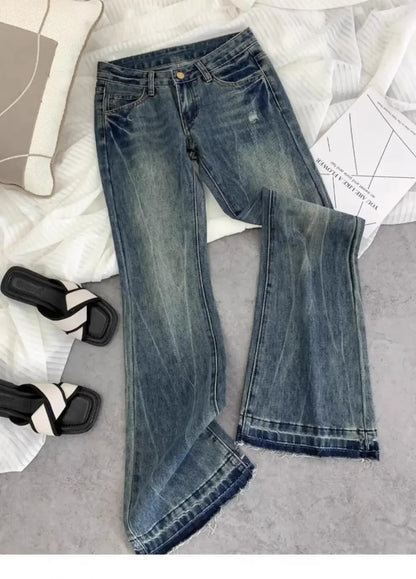 American Retro Low-waisted Jeans Female Autumn New Embroidery Old Casual Fashion Temperament Slim Joker Bell Bottoms.