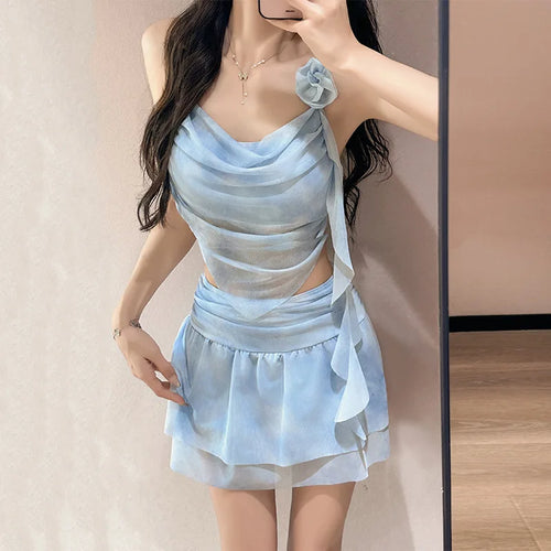 sexy 3D flower Korean fashion wrinkled tie dye print vest swimsuits two pieces with mini skirt culottes bikini set sweet biquini