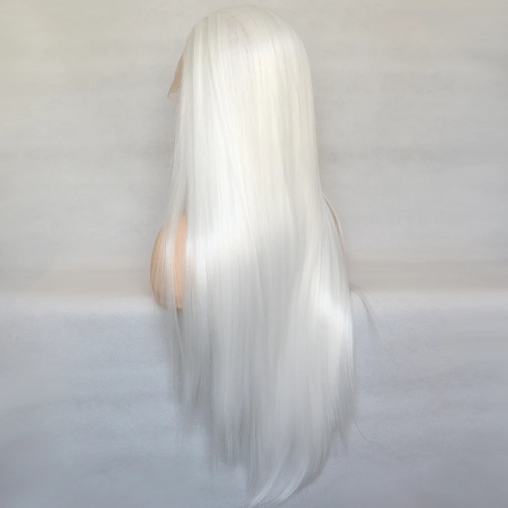 Voguequeen Platinum Blonde Synthetic Lace Front Wigs Silky Straight Heat Resistant Fiber Daily Wear For Women