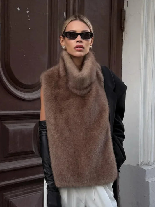 Solid Faux Fur Vest Crop Top Women Fashion Turtleneck Fluffy Short Tank Tops 2025 Winter Female Elegant Sleeveless Jacket Coat