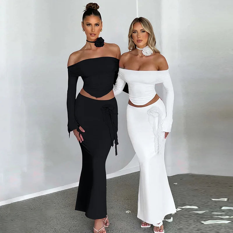 TARUXY Flower Bodycon Skirt Sets Women Slim Sexy Backless Lace Up Tops Women's Party Elegant Dress 2 Piece Womens Suits Outfits