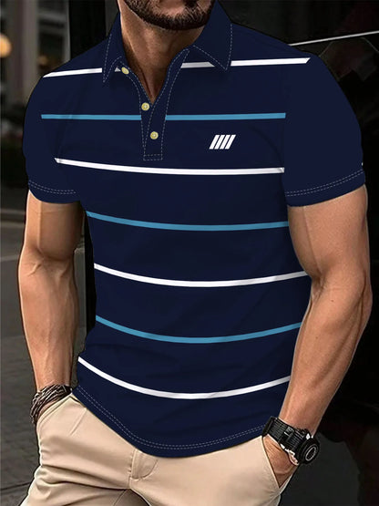 Men's Polo Shirt Summer Outdoor Casual Round Neck Short Sleeve Top Striped Printed Style OverSize T-shirt Loose Men's Clothing