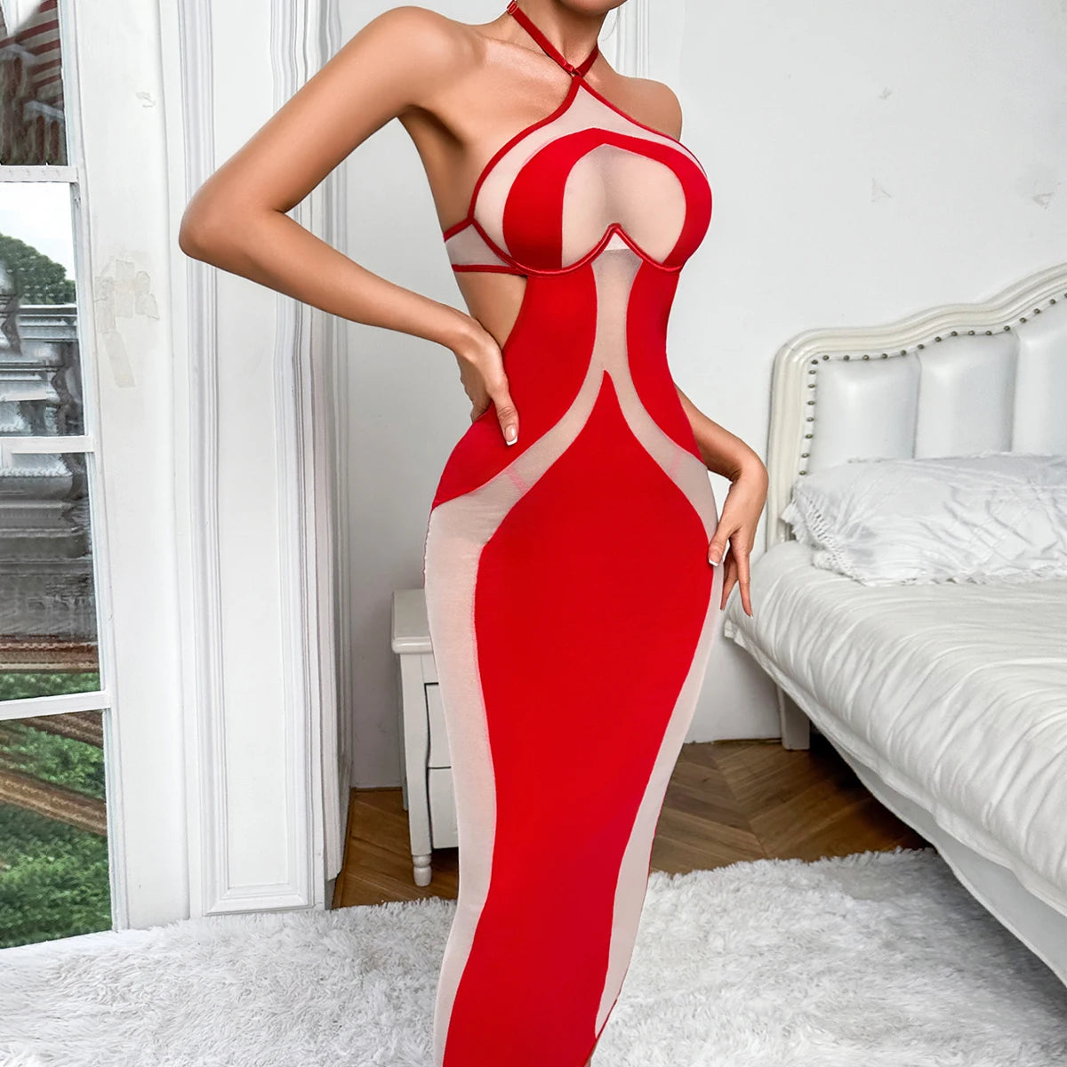 MUZISKAT 2026 Women's Sexy Hanging Neck Strap Fabric Splicing Dress Strapless Bareback Slimming Long Party Evening Dress