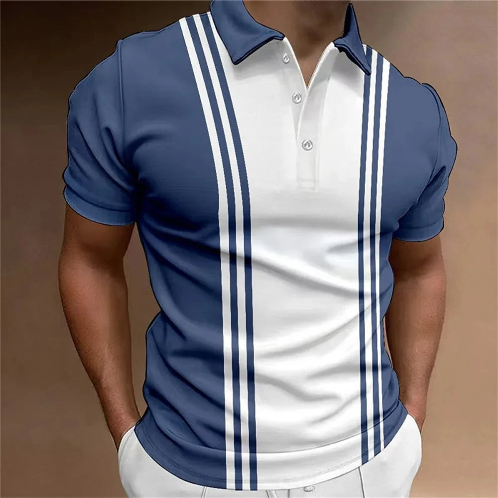 Men's Button Polo Shirt Collar Short-sleeved Pullover Sports Summer Casual Button Striped Collar Trend T-shirt Tops