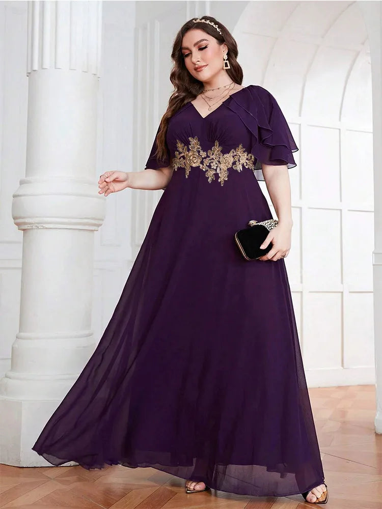 Plus size V-neck 4XL5XL luxury chiffon floor-length bridesmaid wedding evening dress Big Size chiffon Prom Gown for Women 2024