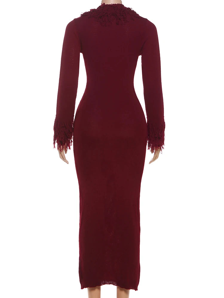 Cutenew Knit Deep V-Neck Furry Tassel Dress Women Winter Trend Sexy Elegant Peach Hip Christmas Party Stretch Slim Bodycon