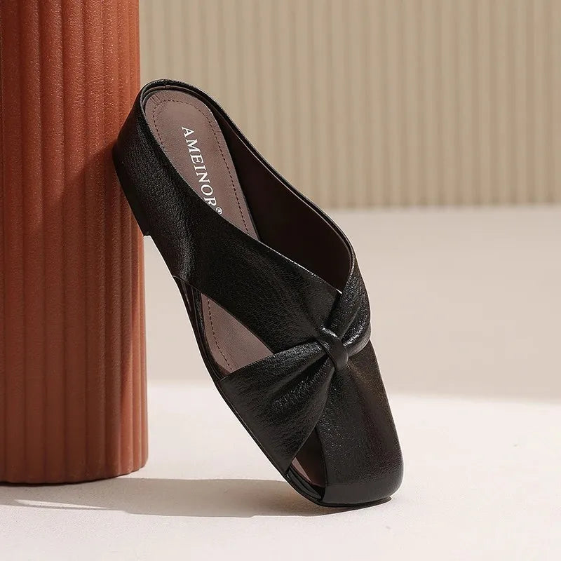 2025 Women Fashionable and Versatile Shoes Brand Slippers Casual and Comfortable Bowknot Casual Leather Slippers