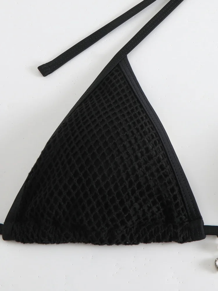 Bikini Women Swimsuit 2026 New Black Halter Lace Up Mesh Bikinis Set Sexy Swimwear Summer Three Piece Beach Bathing Suit Female