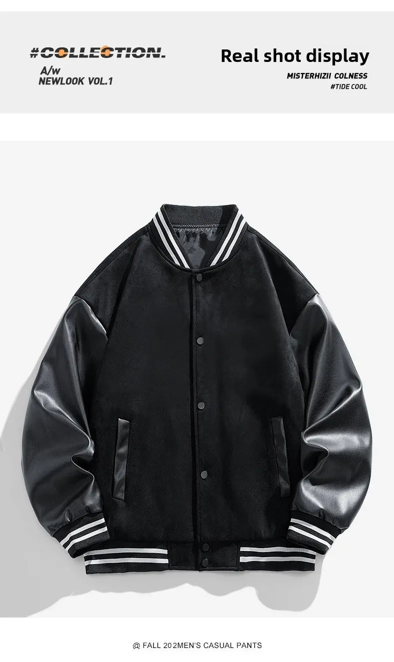 American Retro Suede Baseball Jacket Men's Spring Autumn Casual Leather Sleeve Outerwear JK819 Public Version Couple's Style