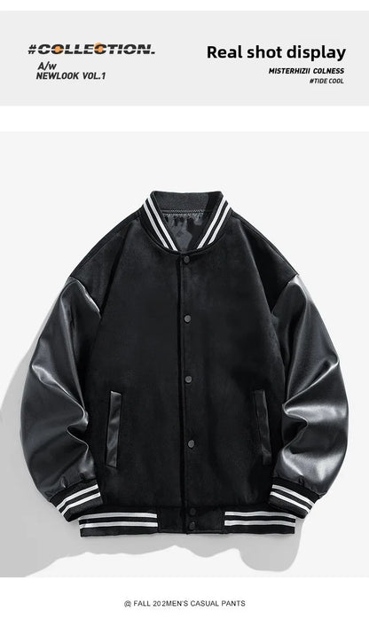 American Retro Suede Baseball Jacket Men's Spring Autumn Casual Leather Sleeve Outerwear JK819 Public Version Couple's Style