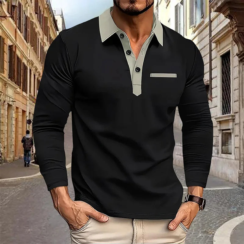 Spring and Autumn Men's Polo Shirt Lapel Pocket T-shirt Men's Business Casual Long sleeved European and American Plus Size