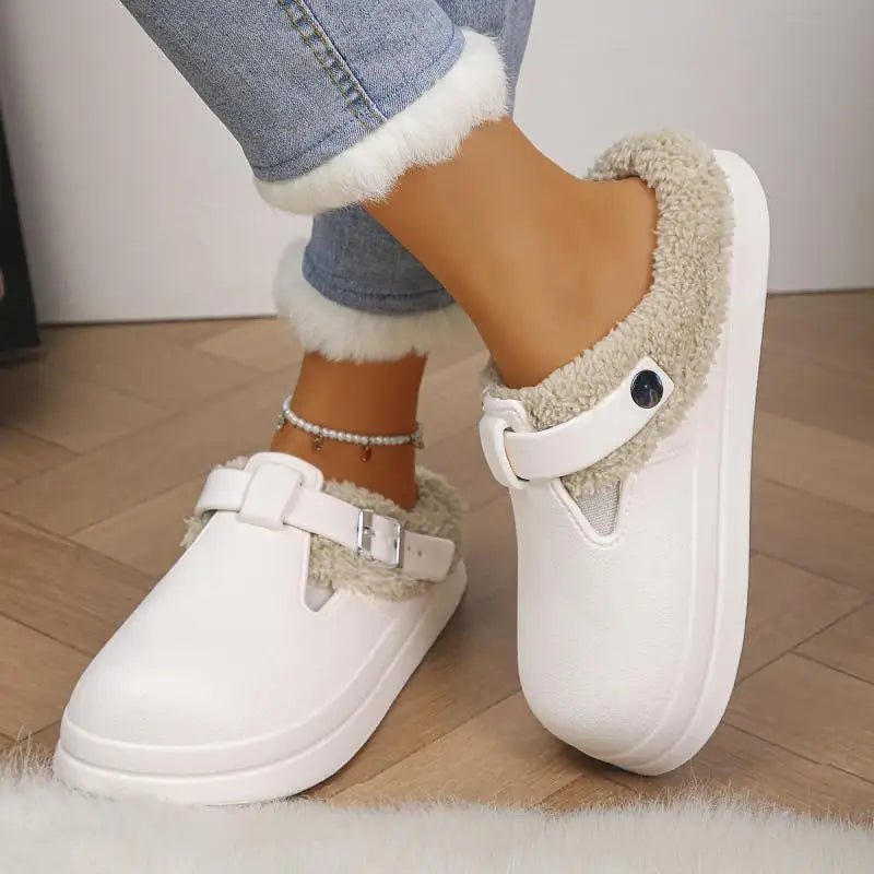 Waterproof Eva Furry Mules Slippers Women 2025 Winter Metal Buckle Warm Plush Slippers Soft Thick Bottom Non Slip Indoor Slides