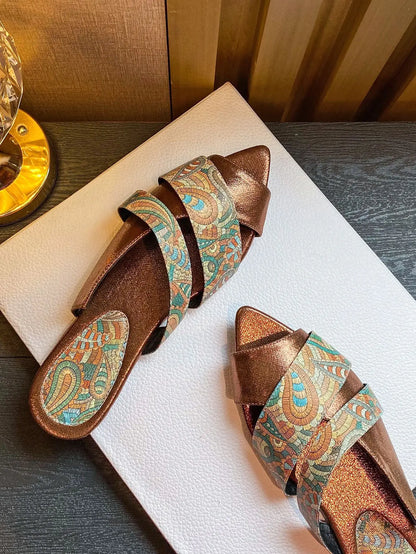 Women's sandals flat pointed Peep Toe slippers totem large size shoe snake pattern stone pattern sandals for women Flat slippers