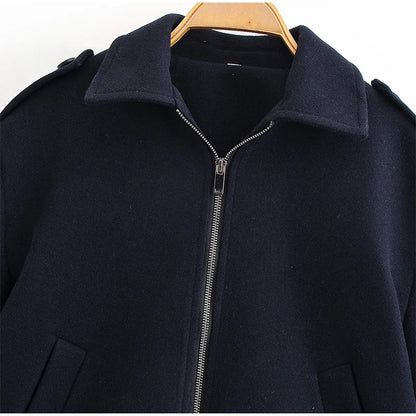 Woolen Zipper Loose Short Jacket Women Long Sleeve Lapel Solid 2025 Autumn Winter Commute Coat Street Office Warm Ladies Outwear