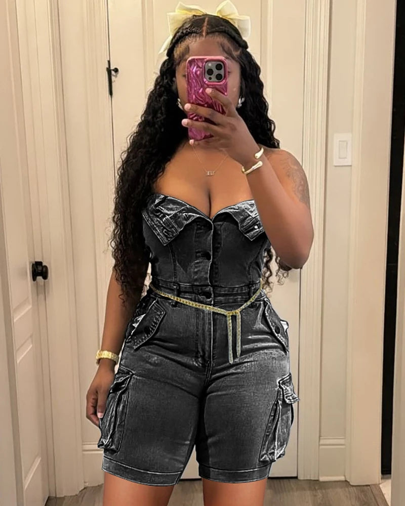 Sexy Strapless Button up Denim Romper Women Short Overalls 2025 Summer Street Casual Sleeveless Cargo Jean Jumpsuit with Pockets