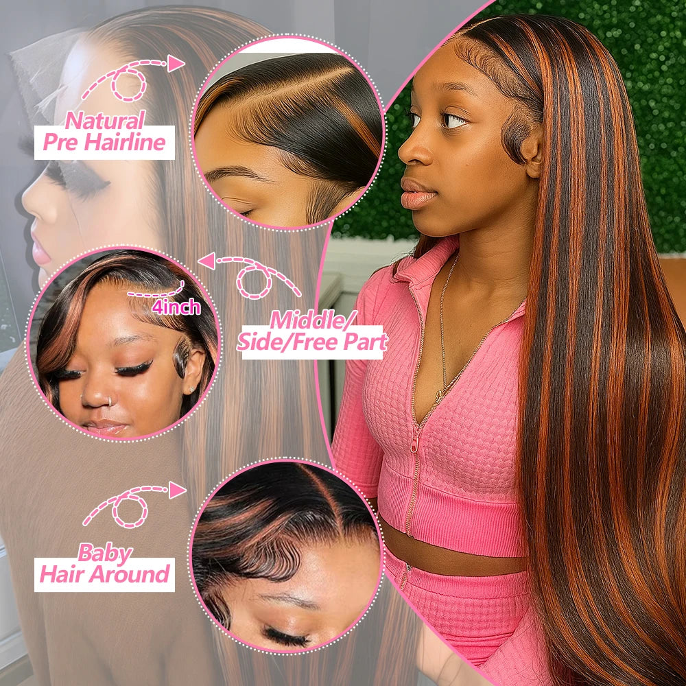 1B/30 Highlight Bone Straight 13x4 Lace Frontal Wigs Human Hair 30 Inch Ombre Brown With Black Colored Human Hair Wig For Women