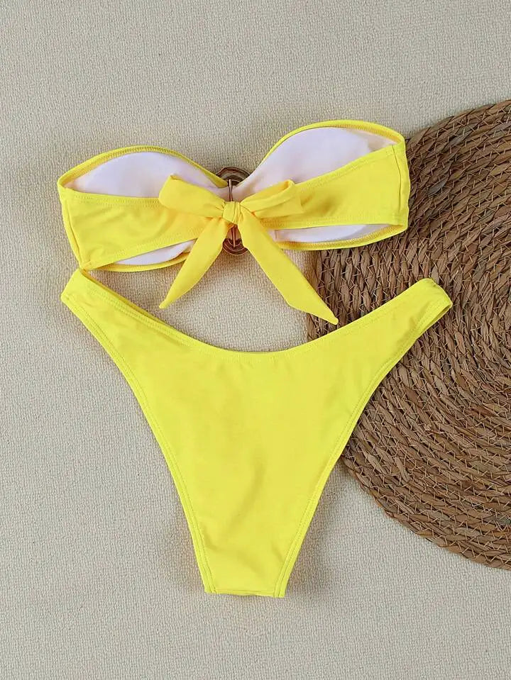 Women Strapless Bikinis Sets Summer Push Up Swimwear Two Pieces Suits Female Sexy Swimsuits Solid Color Lady Backless Beachwear
