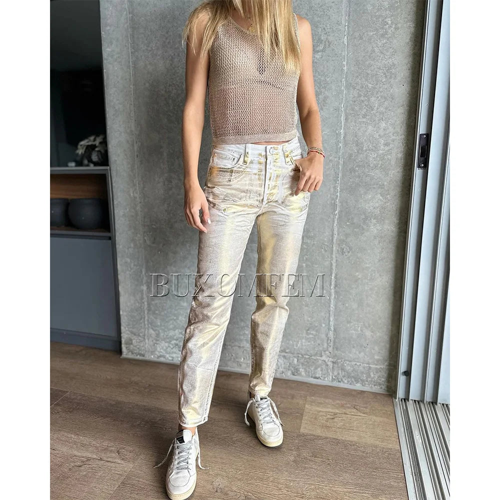 New Vintage Jeans Straight Wide Leg Jeans Female Summer New Fashion Silver Gold Women Metallic Denim Pants Streetwear Style