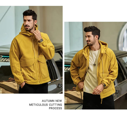 Autumn Velvet Hooded Jacket Men Outdoor Sport Techwear Loose Casual Plus Size Hoodie Cargo Jacket Outerwear Coat