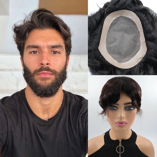 7x9inch Human Hair System For Men Toupee Fine Mono Male Wig  Durable Hair Prosthesis Toupee Men 6" Hair Replacement Men Wig 1B
