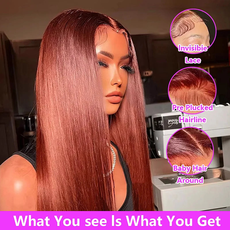 Reddish Brown Straight Wigs13x4 HD Lace Human Hair Wig Pre Plucked 30 inch Colored Lace Frontal Wigs  Brazilian 100%Human Wig
