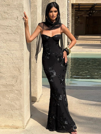 Nibber Elegant Flower Embroidery Maxi Dress Women Low-Neck Cross Bandage Backless Summer Street Trend Skinny Holiday Vestidos