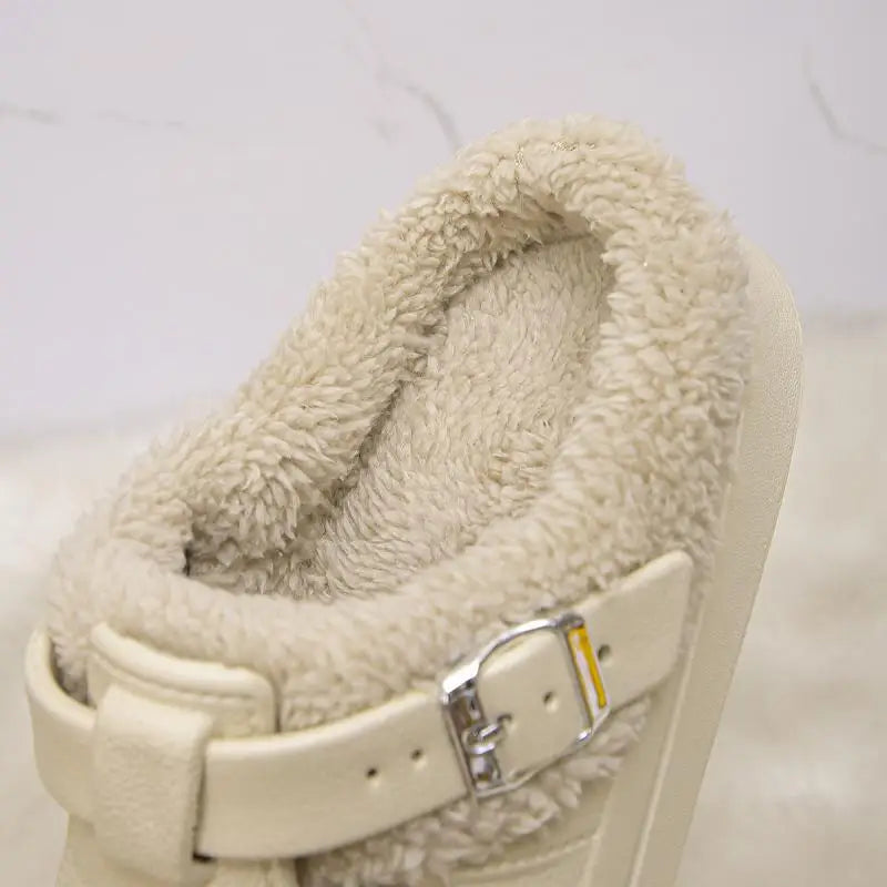 Waterproof Eva Furry Mules Slippers Women 2025 Winter Metal Buckle Warm Plush Slippers Soft Thick Bottom Non Slip Indoor Slides