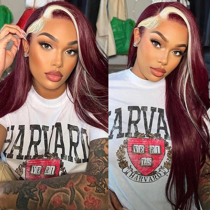 Ombre Highlight Blonde With Red Colored 13x4 Lace Front Wigs Human Hair Brazilian 30 Inch Bone Straight Human Hair Wig For Women