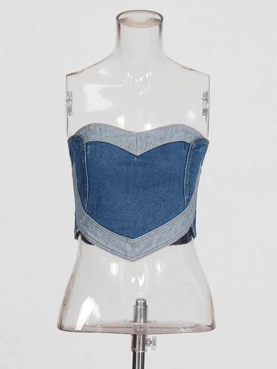 TWOTWINSTYLE Soild Two Piece Sets for Women Straplelss Sleeveless Vest High Wiast Patchwork Hollow Out Jeans Elegant Set Female