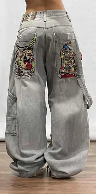 Y2K Best Selling Explosions Men and Women With Retro Embroidery Baggy Jeans Harajuku Rock Hip-Hop Casual Joker Wide Trousers