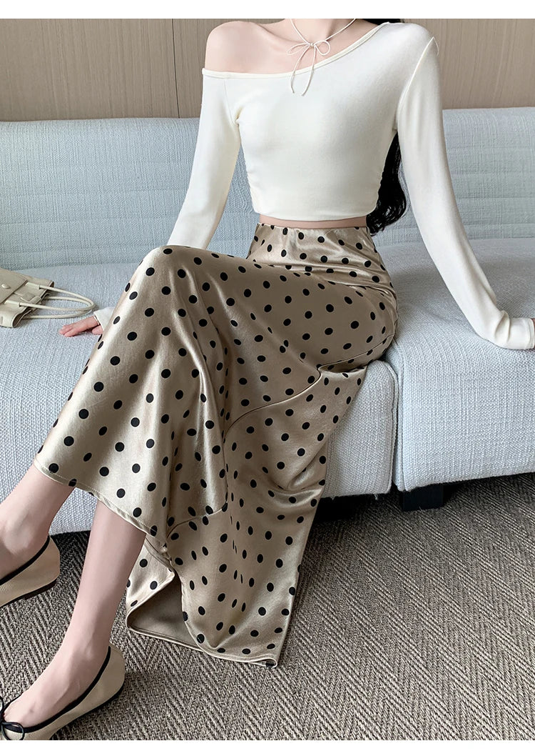 Seoulish High Waist Elegant Dots Printed Satin Women's Long Fishtail Skirts New Loose Office Mermaid A-line Skirts Female