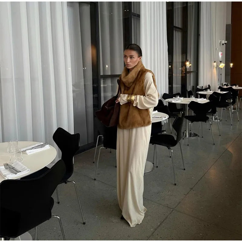 Solid Faux Fur Vest Crop Top Women Fashion Turtleneck Fluffy Short Tank Tops 2025 Winter Female Elegant Sleeveless Jacket Coat