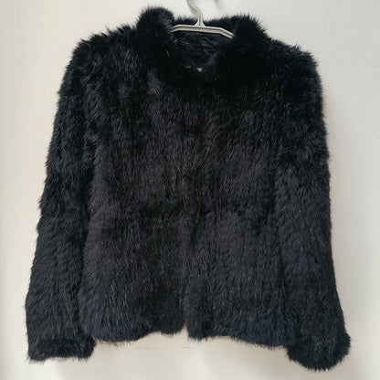 Women Winter Real Rabbit Fur Knitted Coat Female Casual Long Sleeve Genuine Fur Jacket Warm Thick Outwear Femme
