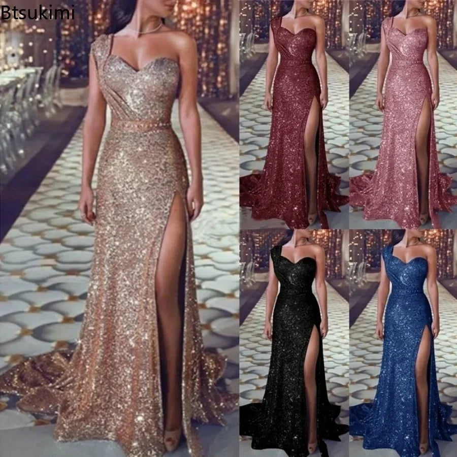 2025 Women's Wedding Party Dress Evening Elegant Sexy Deep V Neck One Shoulder Sleeveless Sequined Long Maxi Dresses For Women