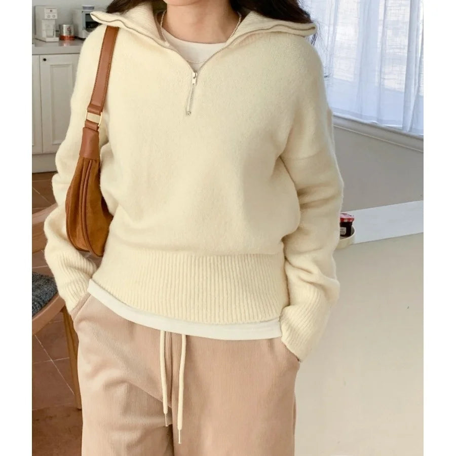 Women's Casual Loose Knitted Sweater Autumn Winter Chic Design Versatile f Zipper Stand Collar  Color Top