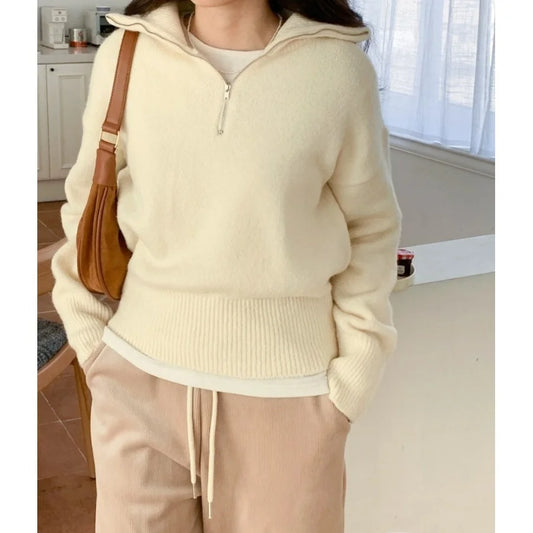 Women's Casual Loose Knitted Sweater Autumn Winter Chic Design Versatile f Zipper Stand Collar  Color Top