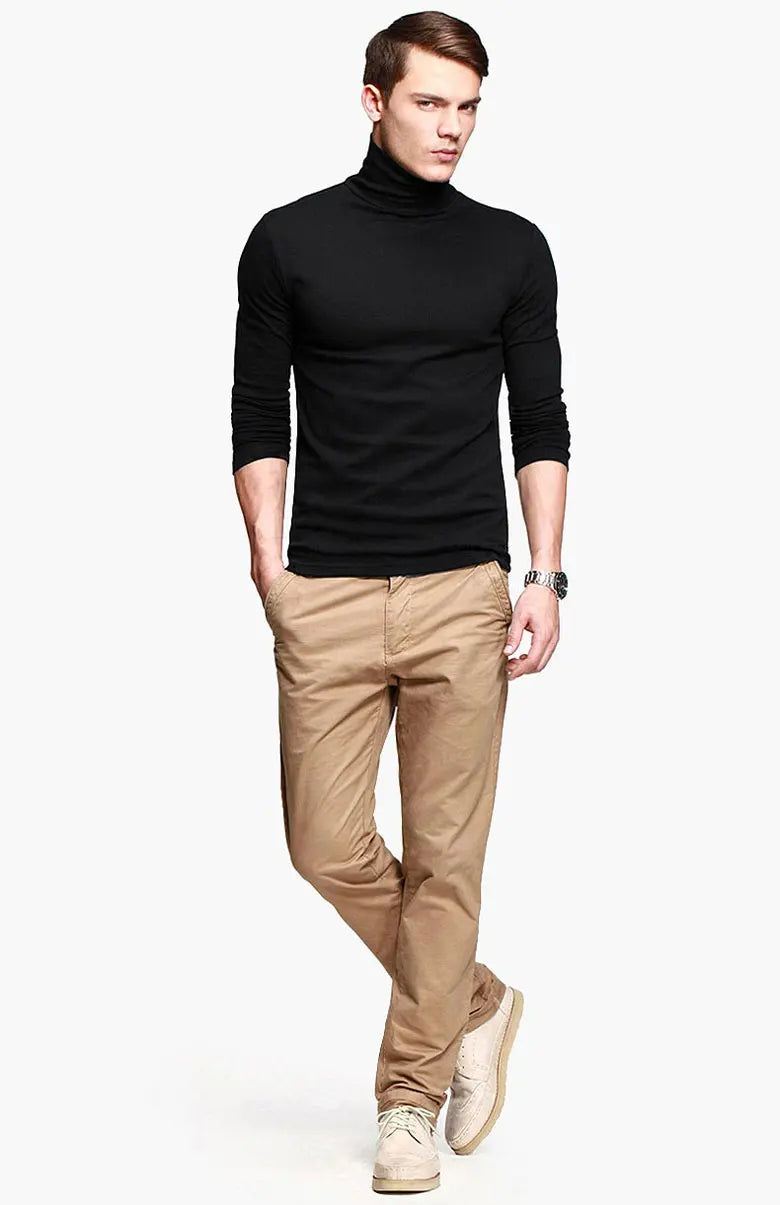 Korean Clothing Blouse Oversize Golf Wear Casual Full Cotton Men's Turtleneck Base Shirt Simple Solid Color Long Sleeve Tops Tee