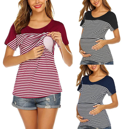 2022New summer Pregnancy Clothes Women Maternity Short Sleeve Striped Layer Nursing T-shirt Top For Breastfeeding женская одежда