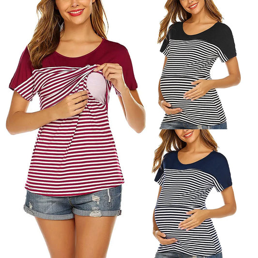 2022New summer Pregnancy Clothes Women Maternity Short Sleeve Striped Layer Nursing T-shirt Top For Breastfeeding женская одежда