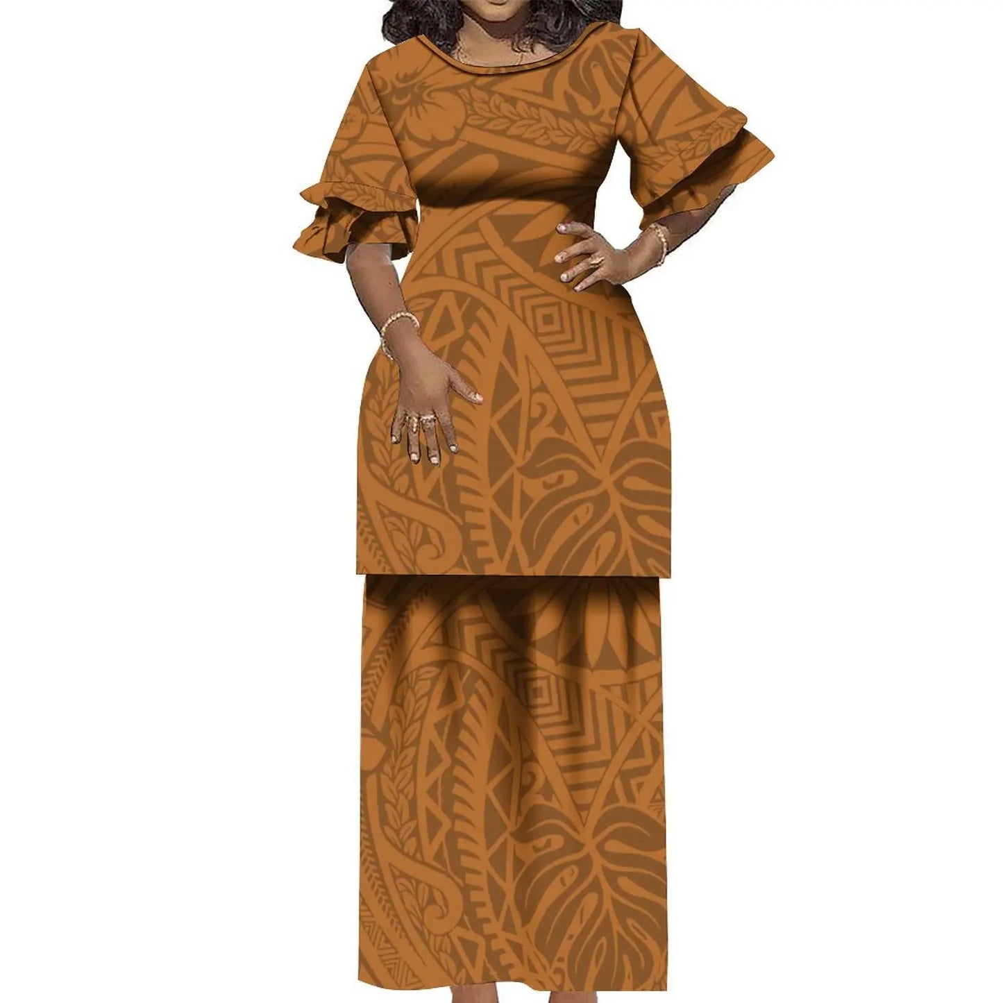 Plus Size Women 2 Piece Outfits Sets Dress New Wholesale Custom Polynesian Tribal Design Petal Sleeve Samoan Puletasi Set