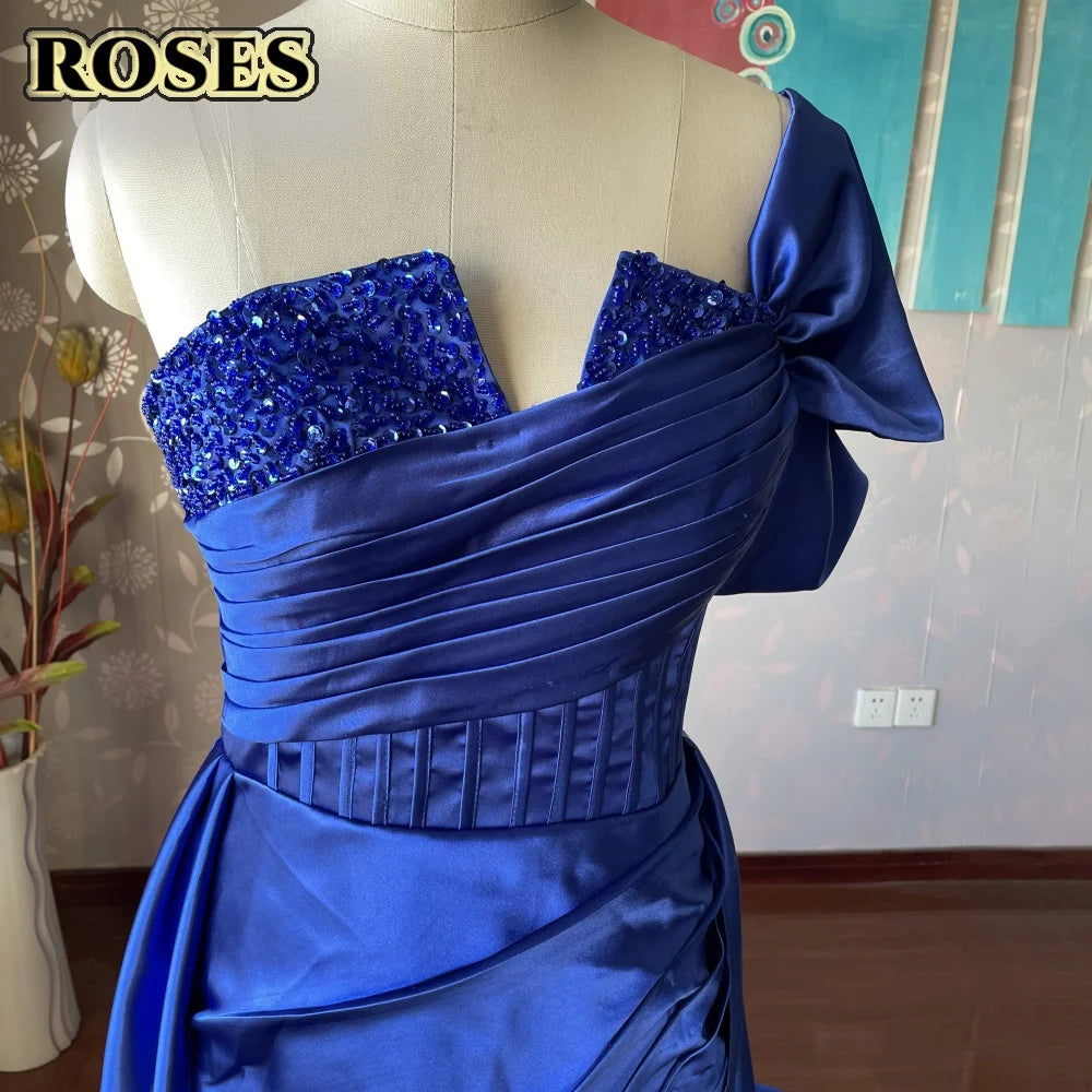 ROSES Red Side High Split Mermaid Evening Dresses One Shoulder Prom Dresses Sweetheart Stain Formal Occasion Dress Customized