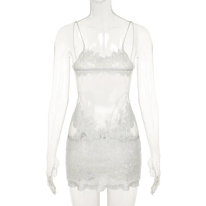 Shestyle Lace Transparent Mini Dress Sexy Women Wrapping Spaghetti Embroidery Flower Sheath Nightwear Club Mesh Wave Fantacy