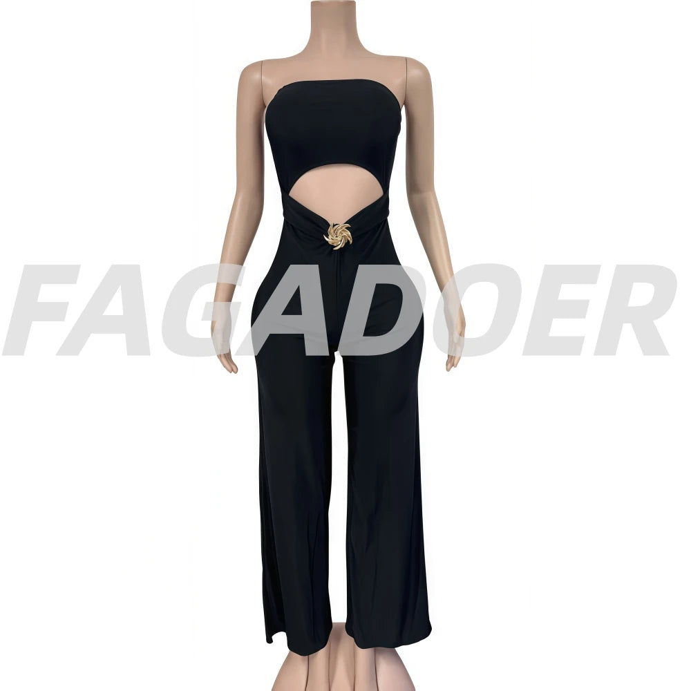 FAGADOER Sexy Hollow Out Bodycon Jumpsuit for Women Solid Color Sleeveless Backless Rompers Female Streetwear Overalls 2026 New