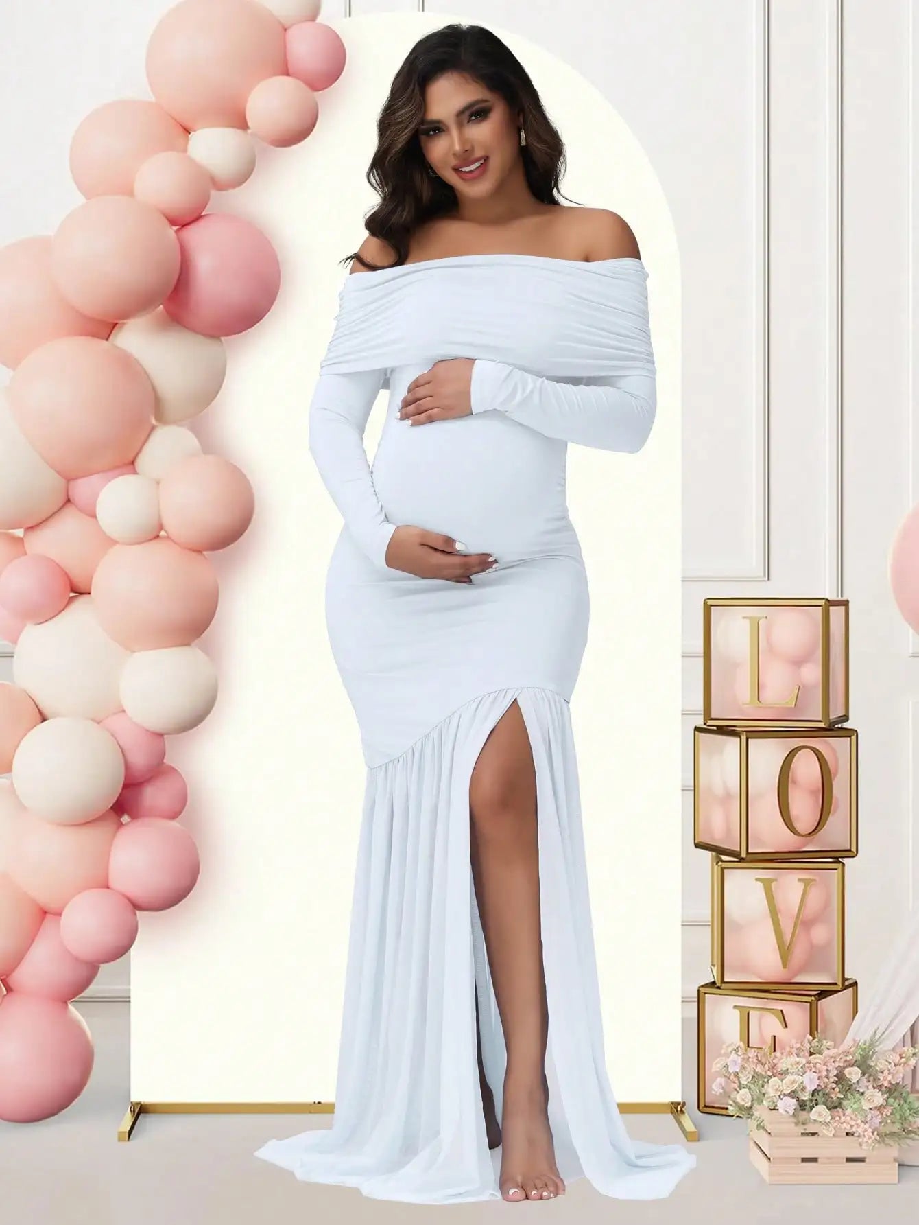 Maternity Dresses Photoshoot Off-Shoulder Slits Fishtail Hem Baby Shower Clothes For Pregnant Woman Evening Party Elegant Gown