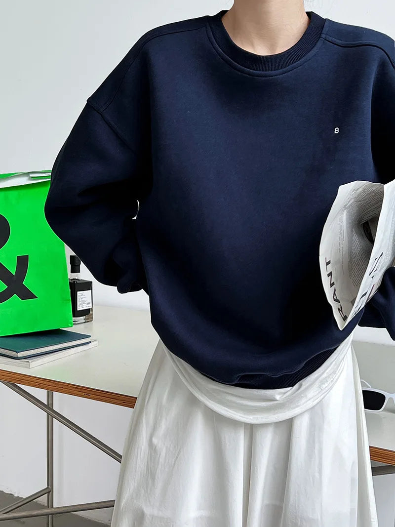 NS Pure Color Lazy Loose BF Hoodie Women's Simple Shape Sweatshirt Long Sleeve Letter Embroidery Top Casual Style Cotton Blend